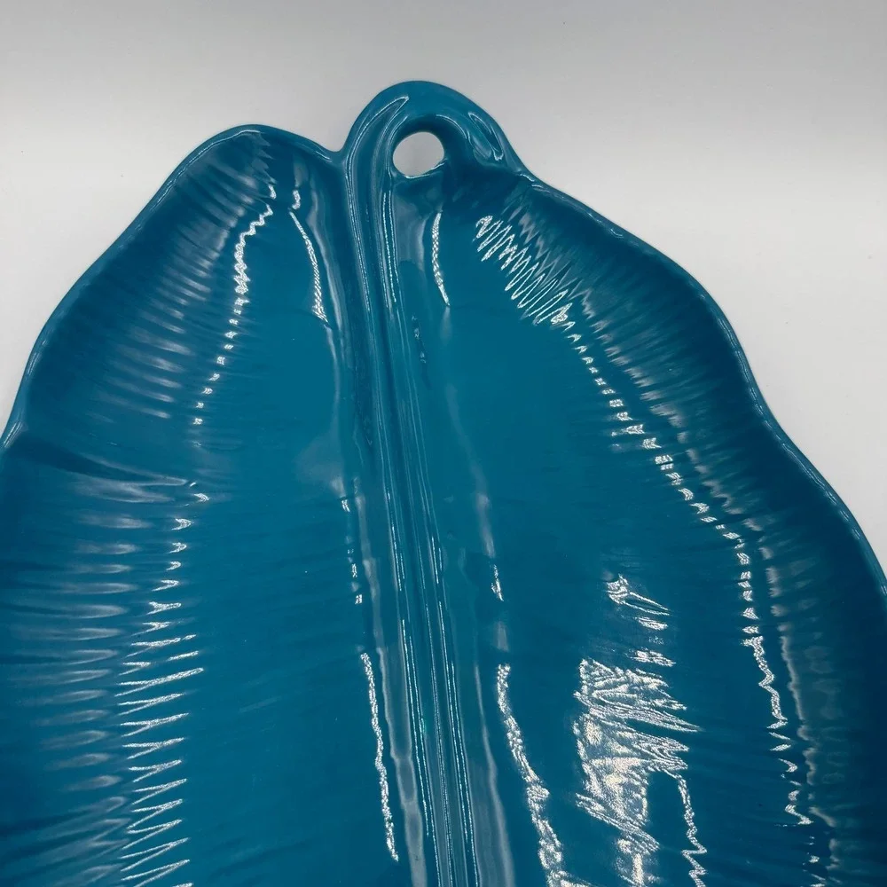 Teal Blue Leaf Shaped‎ Serving Tray Dish with Hanging Hole Melamine 20 Inch